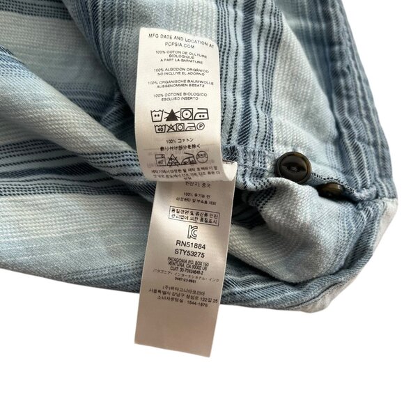 Patagonia Mens Organic Cotton Stripe Hooded Shirt Blue M Beachy Coastal Surf - Picture 7 of 11